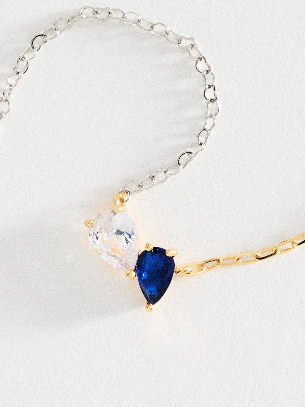 Anthropologie Dual Teardrop 14K Gold Plated Mixed Metal Necklace Blue Clear NEW